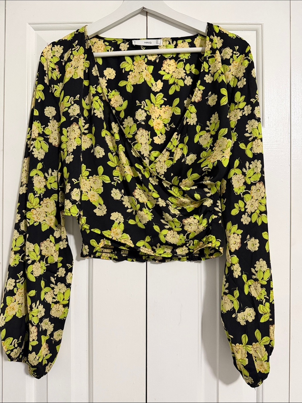 Mango Black Floral Wrap Crop Top with Lime & Cream Blooms